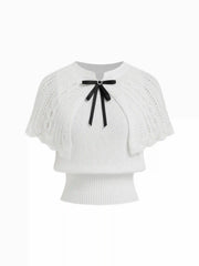 Knit Pointelle Bowknot Cape Detail Short Sleeve Top