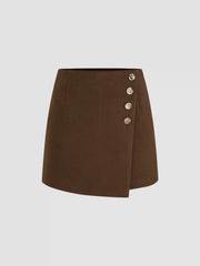Wool-like Mid Rise Solid Button Mini Skort