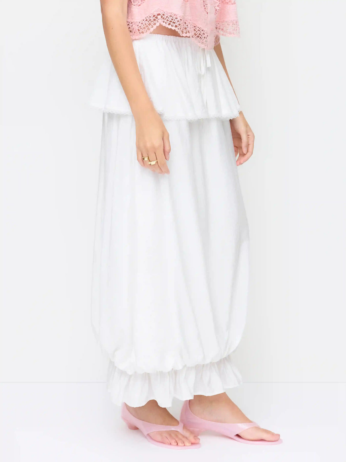 Mid Rise Ruffled Bubble Maxi Skirt