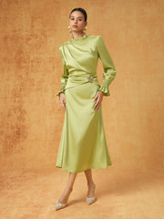 Satin Stand Collar Lantern Sleeve Ruched Waist A-line Maxi Dress