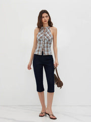 Stand Collar Plaid Ruched Split Top