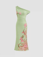 Mesh Asymmetrical Neck Floral Ruched Lettuce Trim Midi Dress