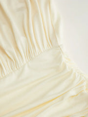Draped Strapless Ruched Side Slit Flared Maxi Dress
