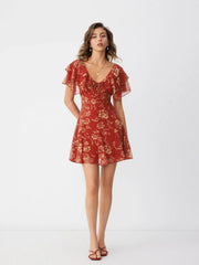Chiffon V-Neck Dolman Sleeve Floral ALINE Short Dress