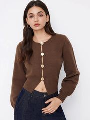 Knit Round Neckline Lantern Long Sleeve Metal Button Sweater