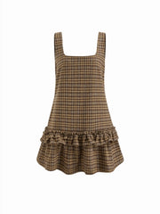 Plaid Square Neck Ruffle Trim Mini Dress