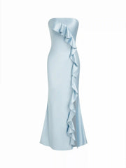 Satin Ruffle Hem Split Bandeau Maxi Mermaid Dress
