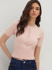 Knit Short Sleeve Top With Metal Detail