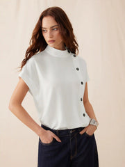 High Neck Button Detail Short Sleeve Blouse
