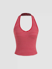 Cotton-blend Asymmetrical Neck Tee With Halter Neckline Stripe Top