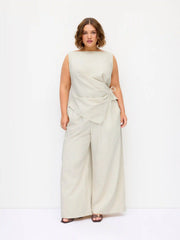 Linen-blend Boat Neck Wrap Tie Top & Mid Rise Wide Leg Trousers Set Curve & Plus