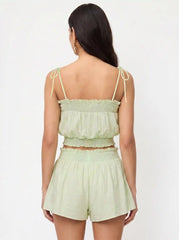 Textured Square Neckline Applique Shirred Ruffle Cami Blouse