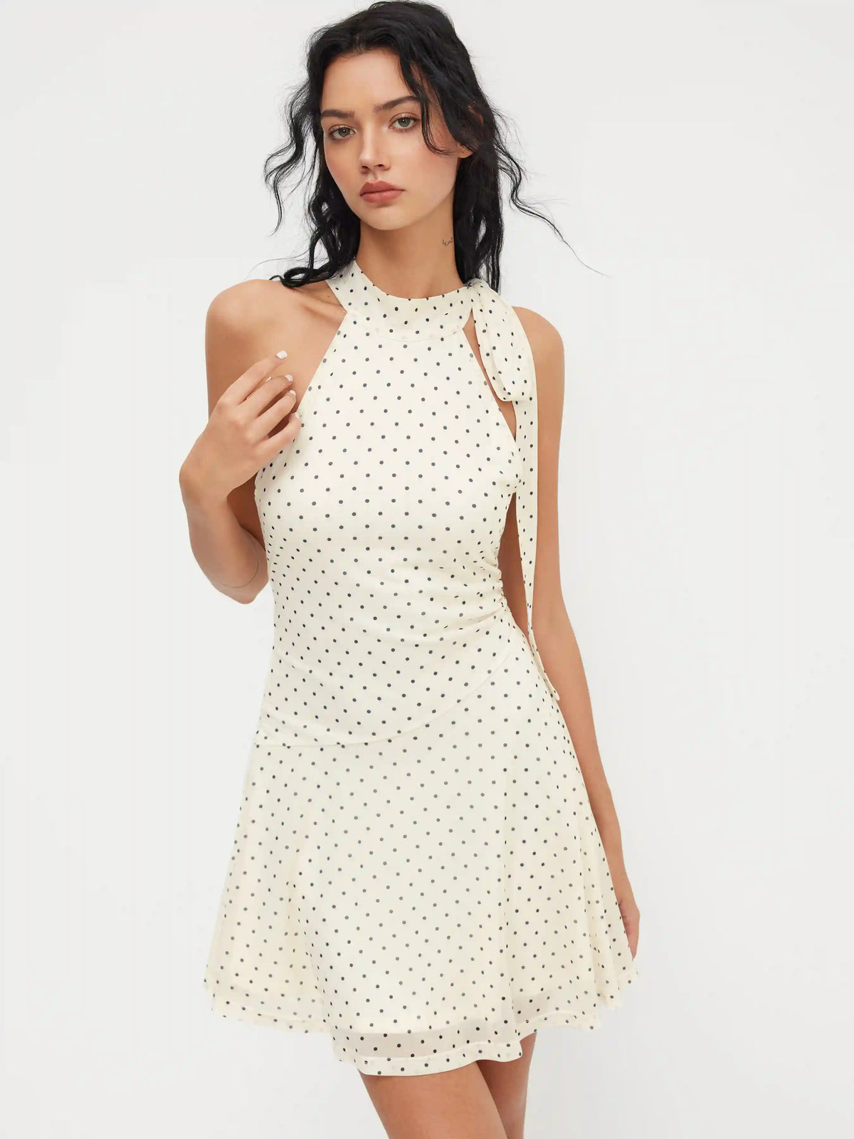 Halter Neckline Polka Dot Ruched Ruffle Mini Dress