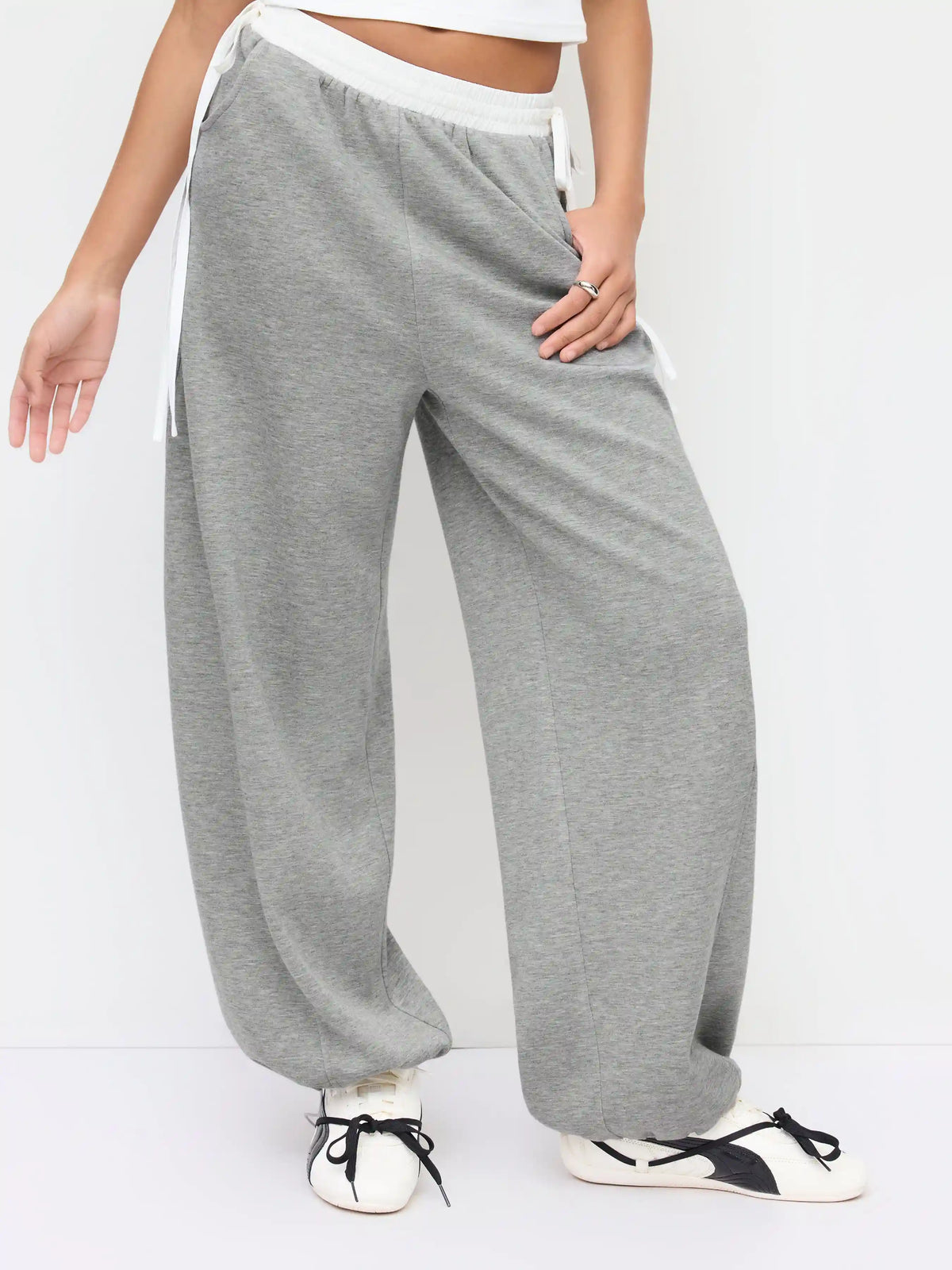 Mid Rise Bowknots Elastic Waist Drawstring Jogger Sweatpants
