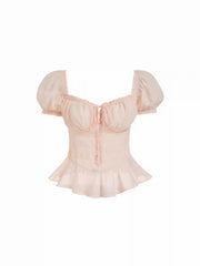 Chiffon Sweetheart Puff Sleeve Lace Panel Ruched Peplum Blouse
