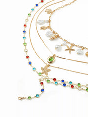 STARFISH & SHELL & RHINESTONE LAYERED NECKLACE