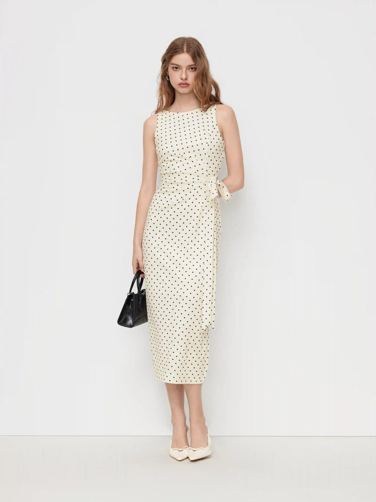 Polka Dot Boat Neck Tie Side Split Maxi Dress