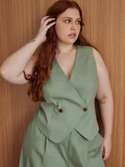 Linen-blend V-neck Solid Button Vest Curve & Plus