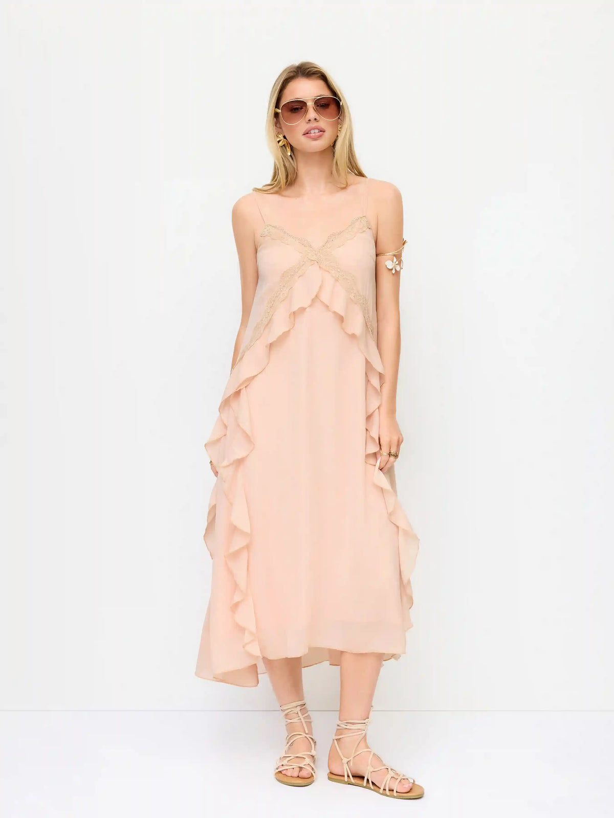 Chiffon V-neck Lace Trim Ruffled Straight Maxi Dress