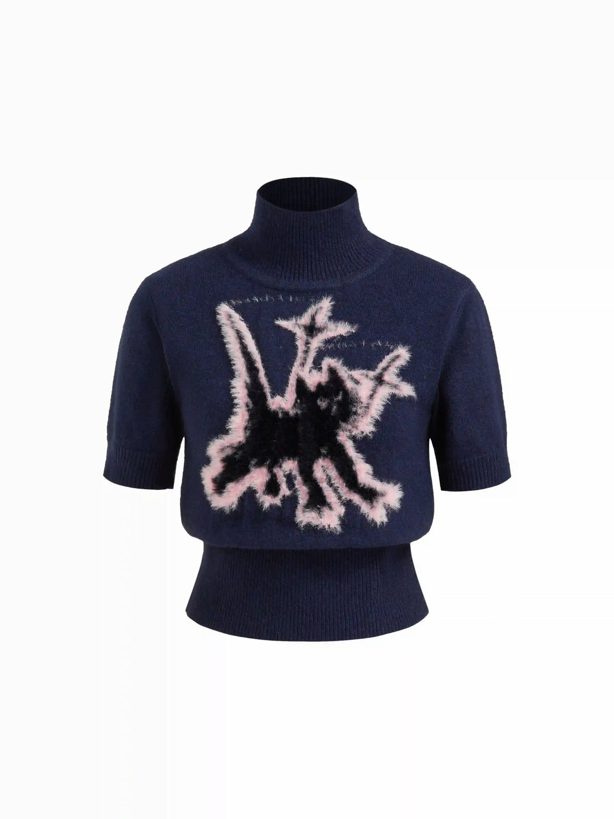Knit Wool-blend Cat Graphic High Neck Short Sleeve Top