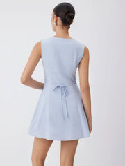 Linen-blend V-neck Button Through Tie Back A-line Mini Dress