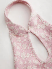 Jacquard Mandarin Collar Floral Cut Out Ruched Tank Top