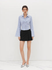 Cotton-blend Collar Stripe Ruched Bell Sleeve Shirt