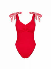 Shaping Red Bow Tie Textured One-piece Swimsuit