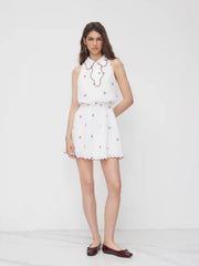 Cotton-blend Bowknot Embroidery Contrasting Binding Wave Hem Mini Dress