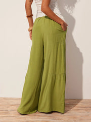 Linen-blend Mid Rise Drawstring Tiered Draped Wide Leg Trousers