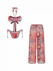 Halter Neckline Paisley Beaded Tie Side Bandeau Bikini Set With Cover Up Pants
