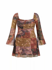 Mesh Bell Sleeve Patchwork Ruched Flared Mini Dress Curve & Plus