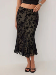 Mesh Mid Rise Floral Mermaid Midi Skirt