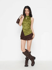 Mandarin Collar Floral Split Ruched Cut Out Tank Top