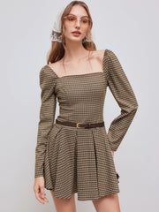 Square Neck Checks Pleated Mini Dress With Belt