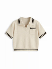 Knit Collar Stripe Short Sleeve Top Curve & Plus