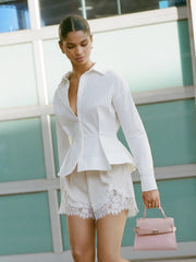Cotton-blend Ruched Peplum Long Sleeve Blouse