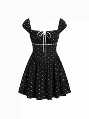 Cotton-blend Polka Dot Square Neck Bowknot A-line Mini Dress