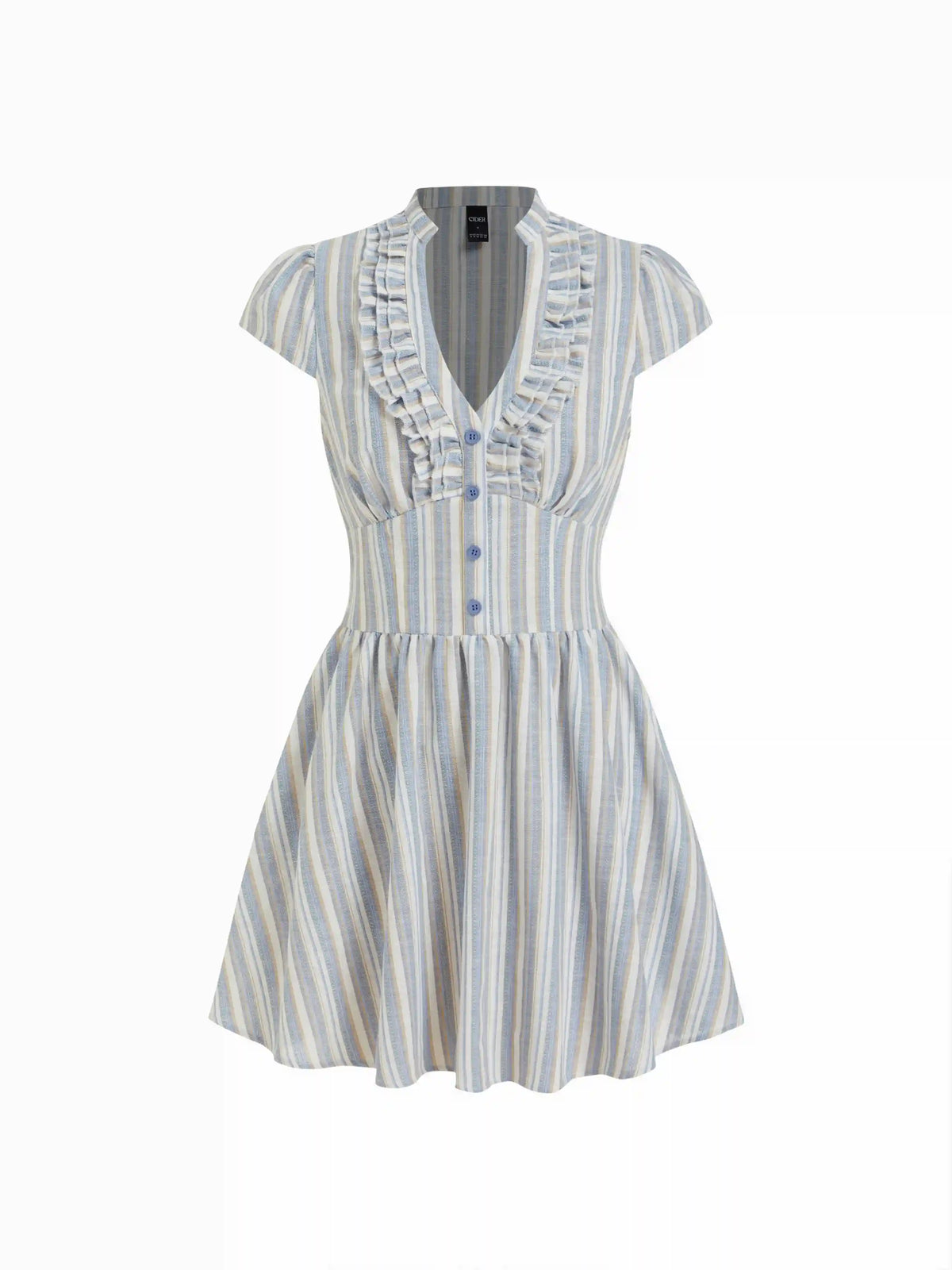 Striped V-neck Short Sleeve Ruffled A-line Mini Dress