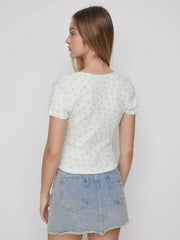 Cotton-blend Textured Ditsy Flora Bowknot Short Sleeve Top