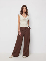 Linen-blend Mid Rise Wrap Wide Leg Trousers