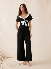 Chiffon V-neck Colorblock Ruffle Sleeve Bowknot Ruched Wide Leg Jumpsuit