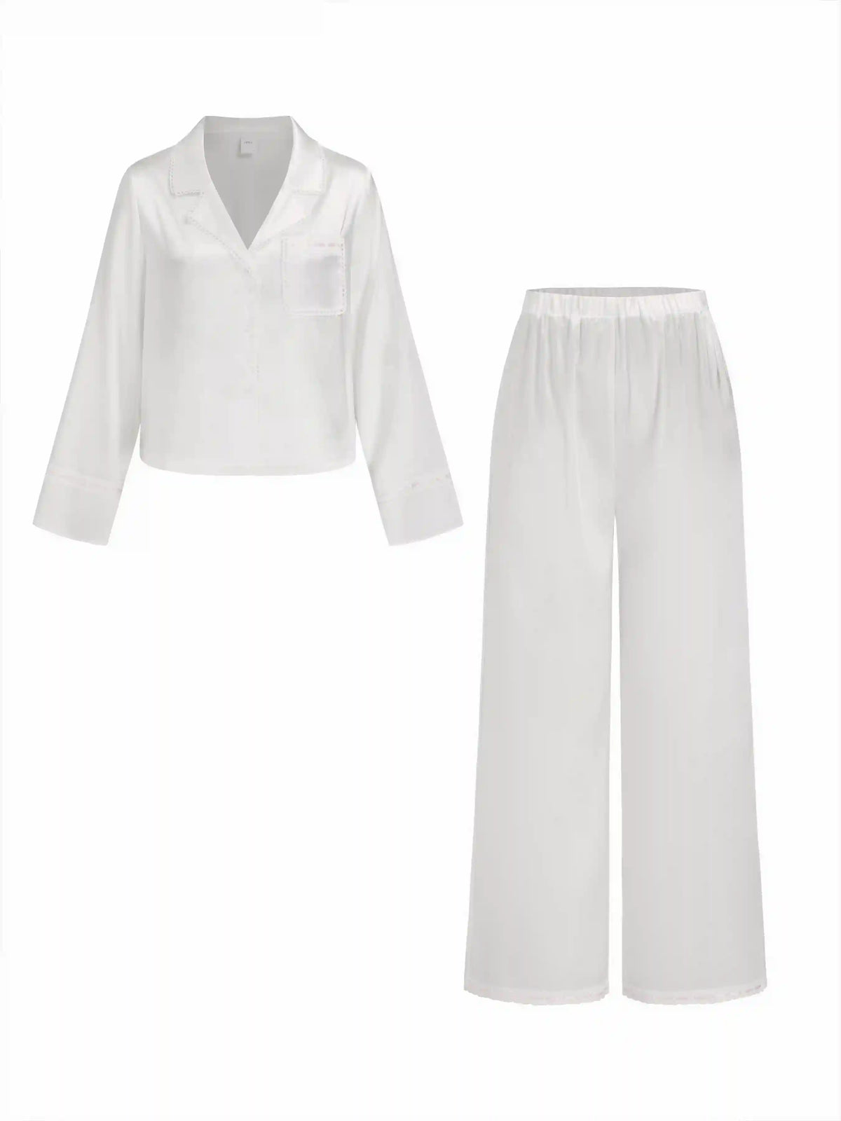 Satin Collar Lace Oversized Top & Mid Rise Straight Leg Trousers Loungewear Set