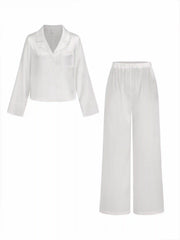 Satin Collar Lace Oversized Top & Mid Rise Straight Leg Trousers Loungewear Set