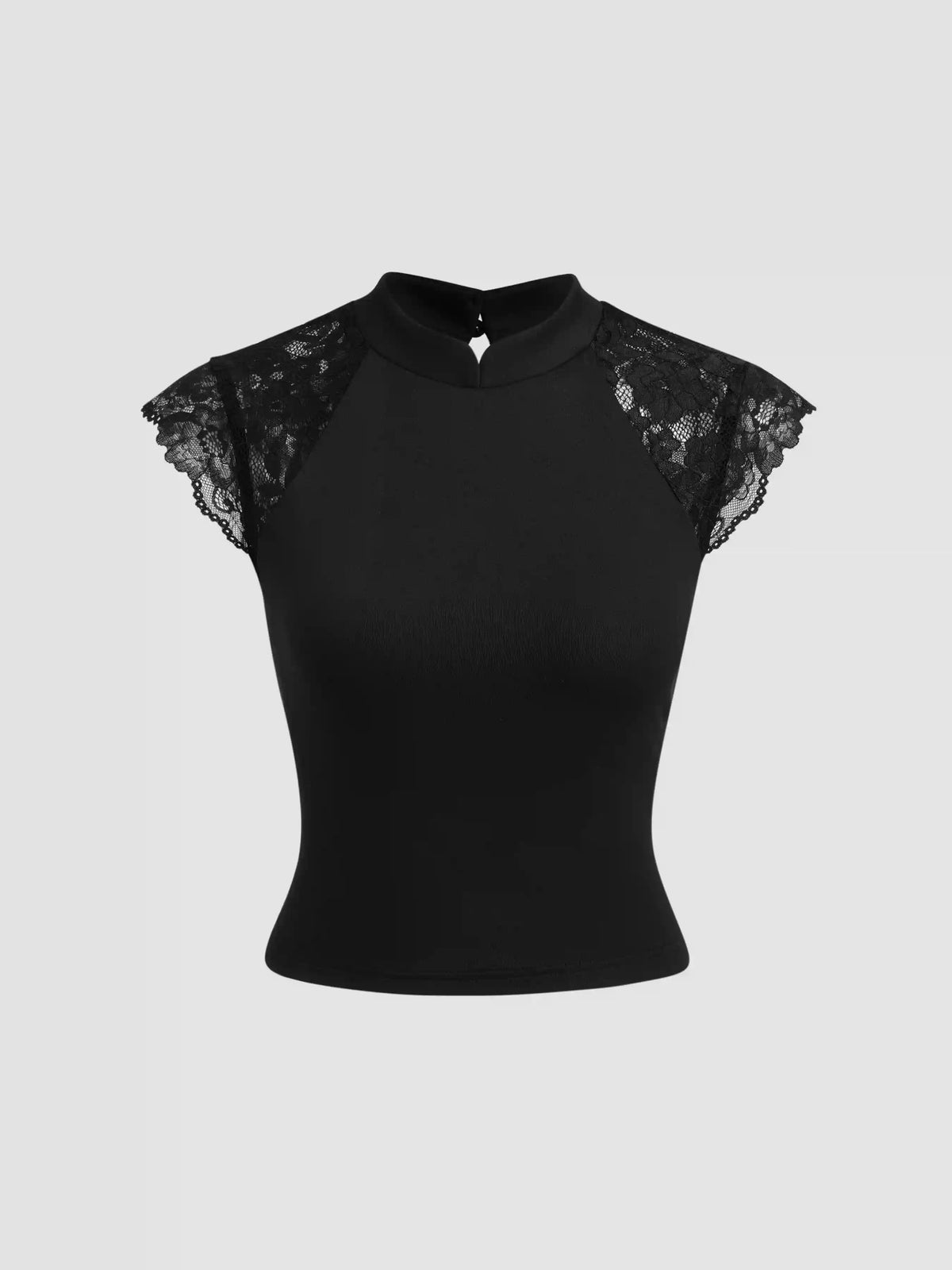 Stand Collar Floral Lace Patched Short Sleeve Top