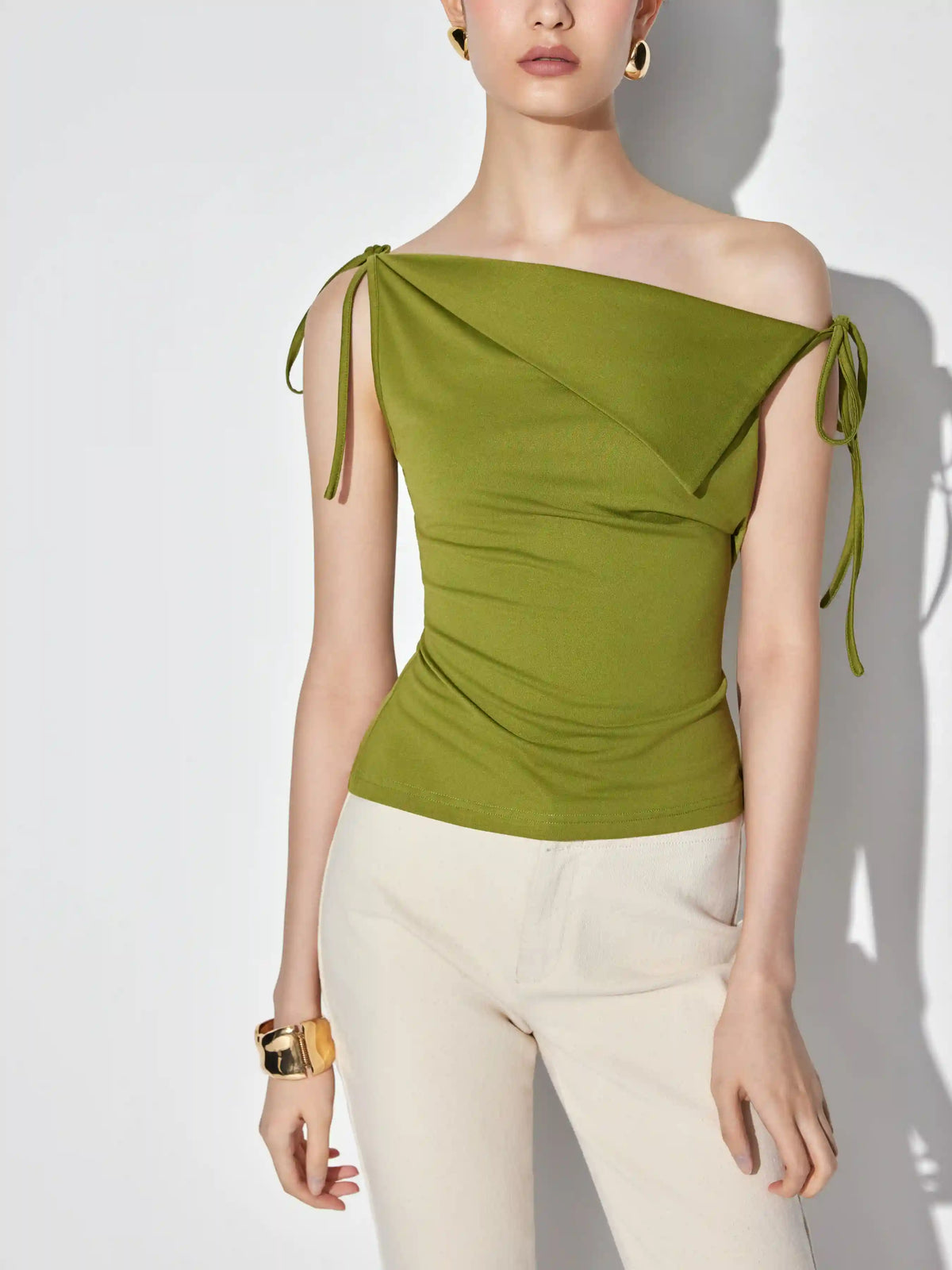 Asymmetrical Neck Draped Knotted Tank Top