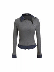 Collar Long Sleeve Two tone Striped Trim Asymmetrical Top