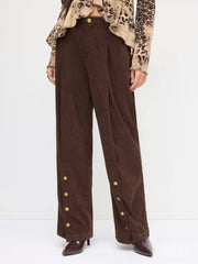 Corduroy Mid Rise Metal Button Straight Leg Trousers