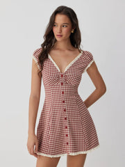 Gingham V-neck Short Sleeve Ruched Lace Trim A-line Mini Dress