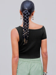 Asymmetrical Neck Rivet Solid Knitted Crop Top